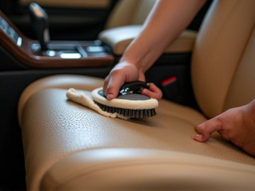 Interni auto in pelle durante la pulizia profonda